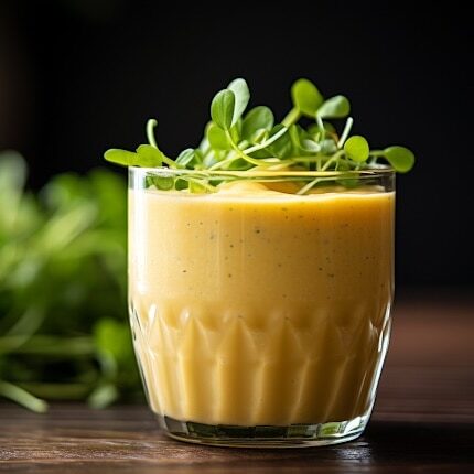 Soupe de légumes verts fraîche et saine dans un verre transparent.