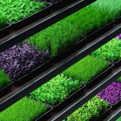 Jardinières de plantes aromatiques et légumes vertes et violettes en intérieur, cultivées sous lumiè.